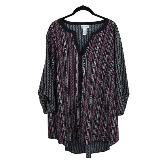 Catherines Black & Pink Boho Print Tunic‎ Top Plus Size 2X 22 24W Button Front - Picture 1 of 9